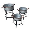 21, 18, and 16 Inch 3 Piece Round Tub Metal Planter Set with Stand in Galvanized Gray and Black Iron