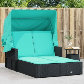 Double Sun Lounger with Canopy and Cushions Black Poly Rattan