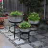 21, 18, and 16 Inch 3 Piece Round Tub Metal Planter Set with Stand in Galvanized Gray and Black Iron