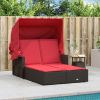 Double Sun Lounger with Canopy and Cushions Brown Poly Rattan
