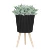 S/2 10/12" RIDGED PLANTER W/ WOOD LEGS, BLACK (KD)