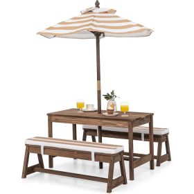 Picnic Table with Removable Cushions and Umbrella, Stripe Fabric, Safe and Solid Fir Wood, Deform-proof Outdoor Tables (Color: Coffee)