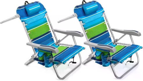 Beach Chair Set of 2, Adjustable 5 Positions,Cup Holder and Phone Holder,foldable Patio Recliner. (Color: Deep Sea)